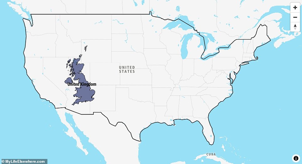 The United States (9,833,517 square kilometres) is approximately 40 times larger than the United Kingdom (243,610 square kilometres), with 269 million more people living there.