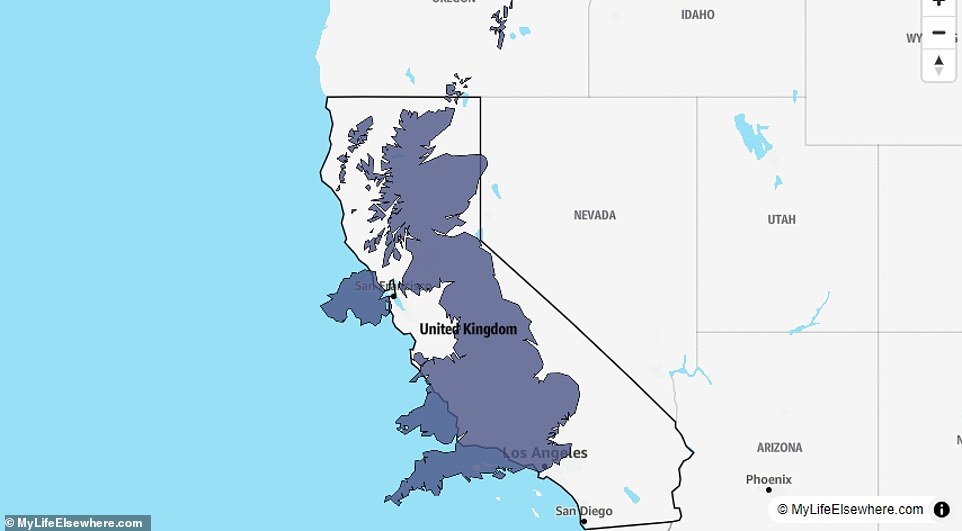 California is approximately 1.7 times larger than the United Kingdom, with the former covering 403,882 square kilometres.