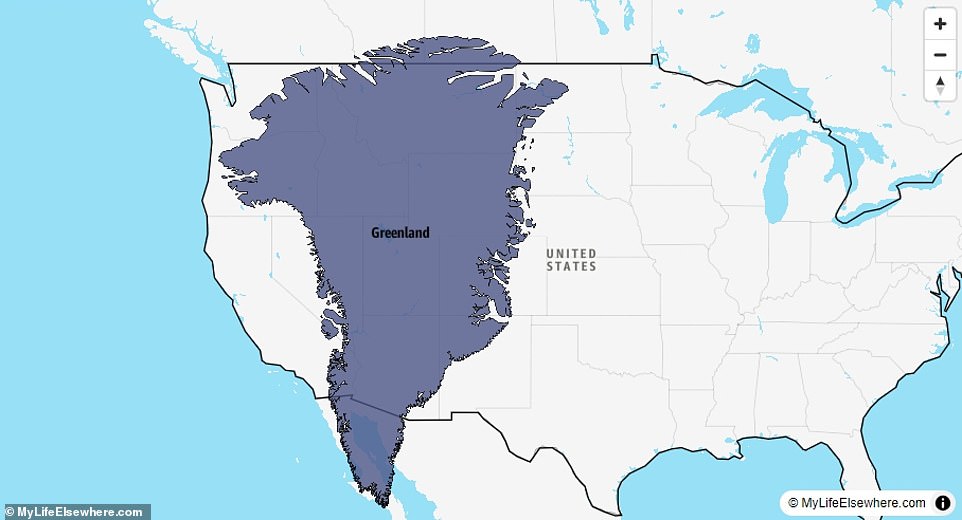 In reality, Greenland is a bit smaller than it appears on many maps, but it is still huge: it covers 2,166,086 km2. The image above shows how it looks compared to the US, where the latter country is 354% larger. In terms of population, the contrast is stark: only 57,000 people live in Greenland.