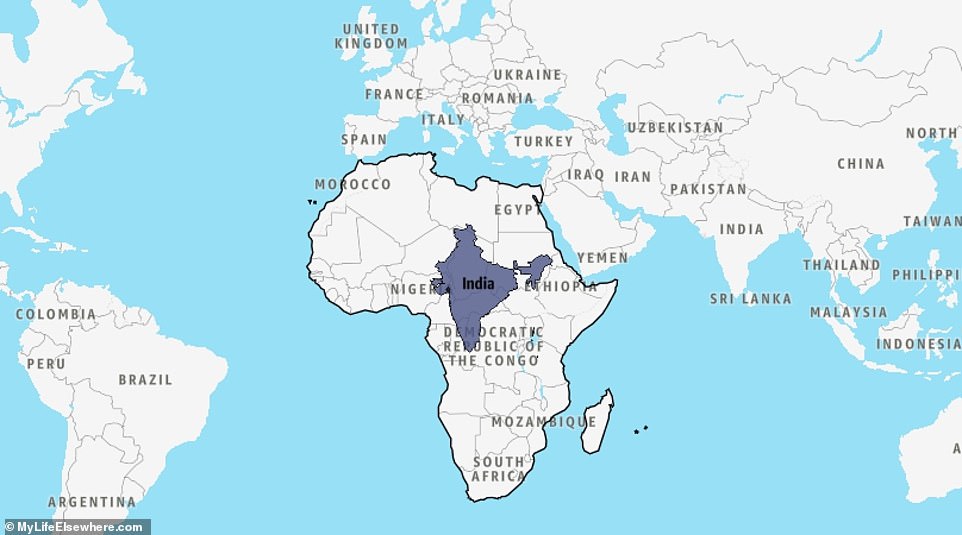 India (3,287,263 square kilometers) occupies a prominent place in the Asian subcontinent, but is swamped by Africa, which is nine times larger.