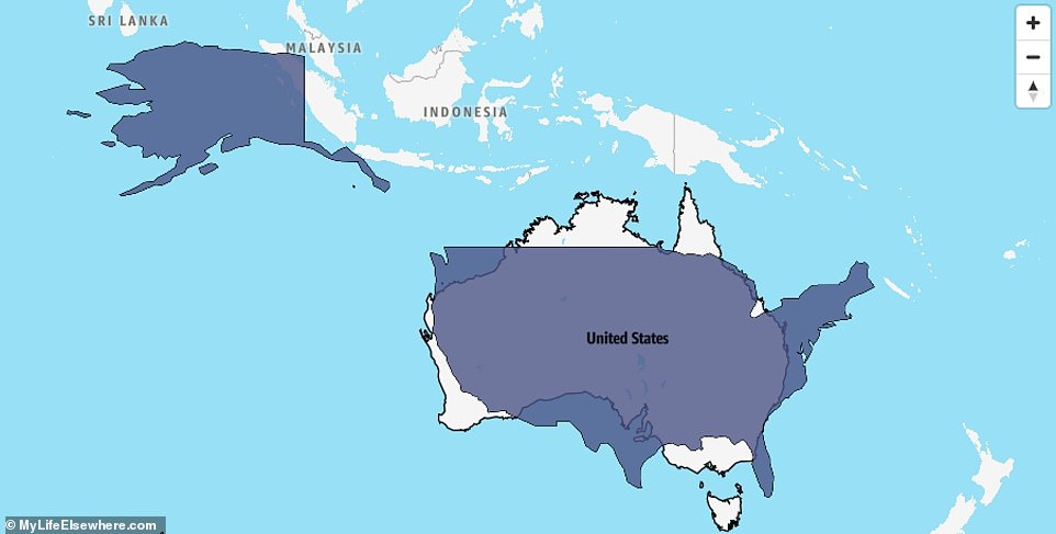 Australia is 78.72 percent the size of the United States, or 1.3 times smaller.