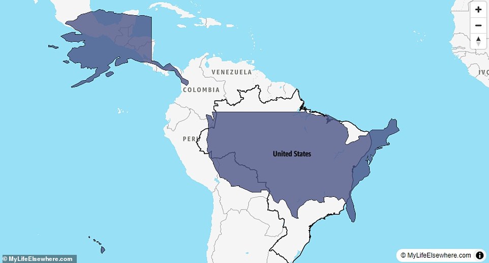 It's almost a tie: Brazil is 86.6 percent the size of the United States, but Brazil is home to 120.1 million fewer people