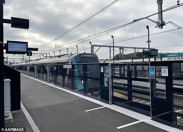 A Sydney Metro City train line is seen stopping at Sydenham station as part of testing ahead of opening week this week