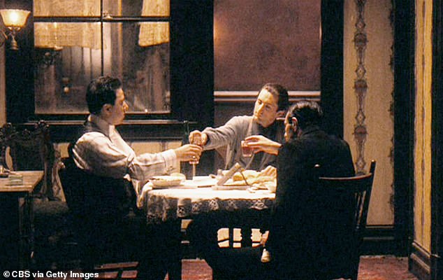 Here, from left to right, Bruno Kirby as a young Peter Clemenza, Robert De Niro as Vito Corleone and John Aprea (with his back to the camera) as a young Sal Tessio.