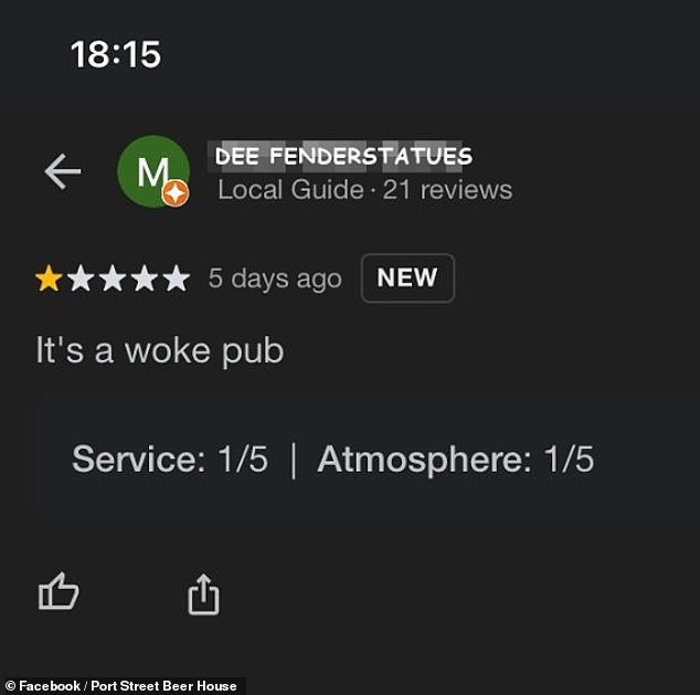 The review, posted on Google, offered no further explanation beyond the pub's brand. "woke up" and downgrade both the service and the atmosphere to one star.