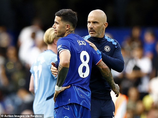 Enzo Maresca (right), meanwhile, suffered defeat in his first match in charge of the Blues.