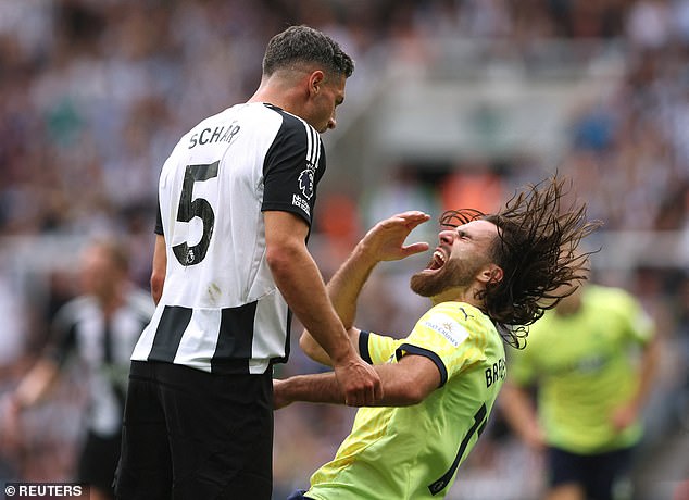 Fabian Schar was shown a straight red card for a headbutt on Ben Brereton-Diaz in the 60th minute