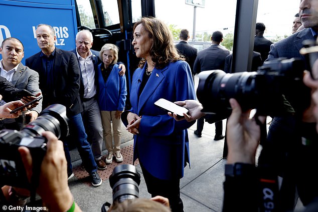 The press only had about three minutes to speak with Harris after she stepped off the campaign bus with running mate Tim Walz and moved on to a question about the latest polls.