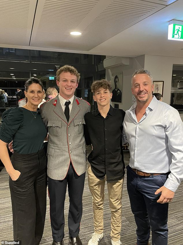 Pictured: Mr Ryan with his mother Kate, younger brother Tommy and father Peter at a school function.