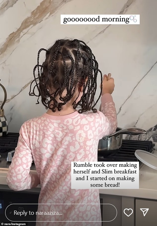 The content creator, known for her tradwife videos on TikTok, shared a short clip of her three-year-old cooking for her two-year-old son in the morning.