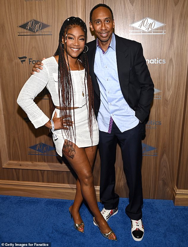 Tiffany teamed up on the blue carpet with Stephen A. Smith, 56, at the temporary reimagining of Jay-Z's iconic 40/40 Club in partnership with Fanatics Sportsbook.