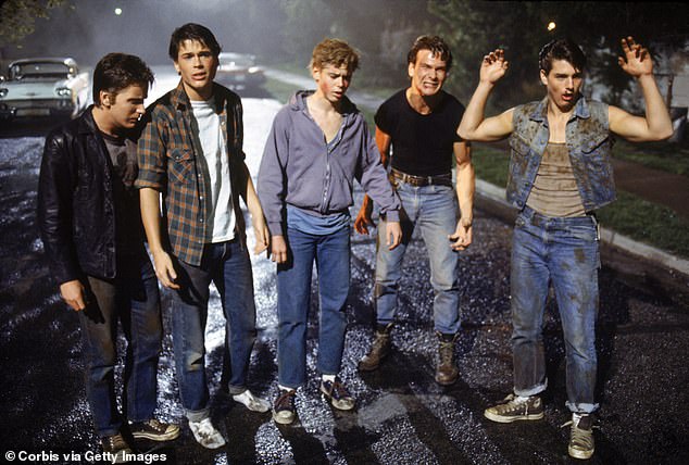 (L-R) Estevez, Lowe, Howell, Swayze and Cruise photographed on the set of The Outsiders