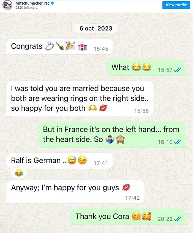 Now Ralf has posted WhatsApp messages in which Cora allegedly congratulates Etienne after thinking they were married in an attempt to disprove his surprise.