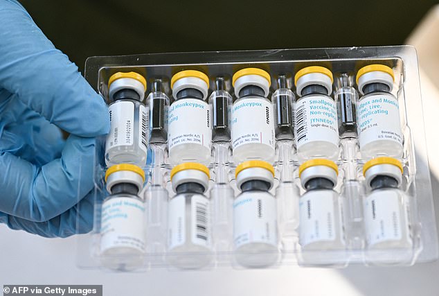 Single-dose vials of the Jynneos mpox vaccine are seen from a cooler at a vaccination site in Los Angeles in 2022