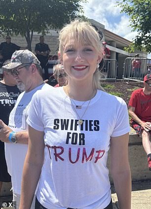 Two of the photos Trump posted on Truth Social are purportedly legitimate. Jenna Piwowarczyk (pictured), a 19-year-old Trump supporter who is also a fan of the singer, allegedly wore a 'Swifties for Trump' during a campaign rally in Wisconsin.