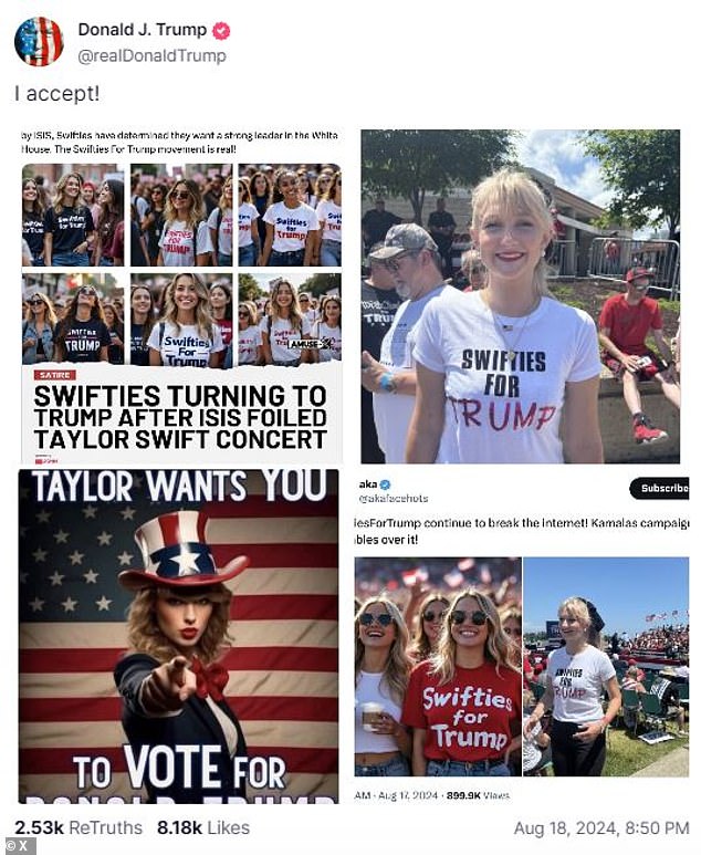 Last night, Trump shared posts with fake images of women wearing T-shirts reading 'Swifties For Trump', as well as a poster of the singer dressed as Uncle Sam and urging her fans to vote for the Republican candidate.