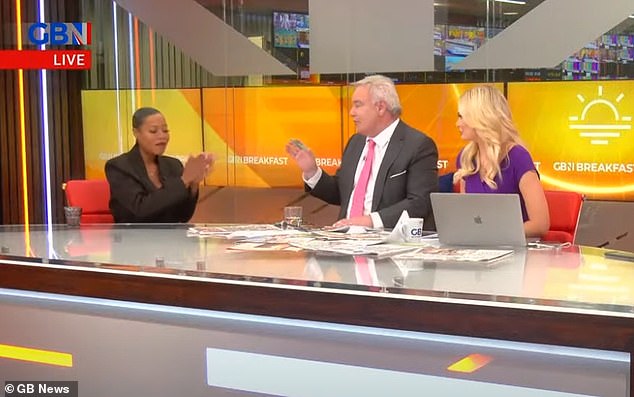 Eamonn's replacement comes after he furiously debated a guest while leading a debate on Tuesday's GB News about the Union Jack flag (anti-racism campaigner Imarn Ayton, left, and Ellie Costello, right).