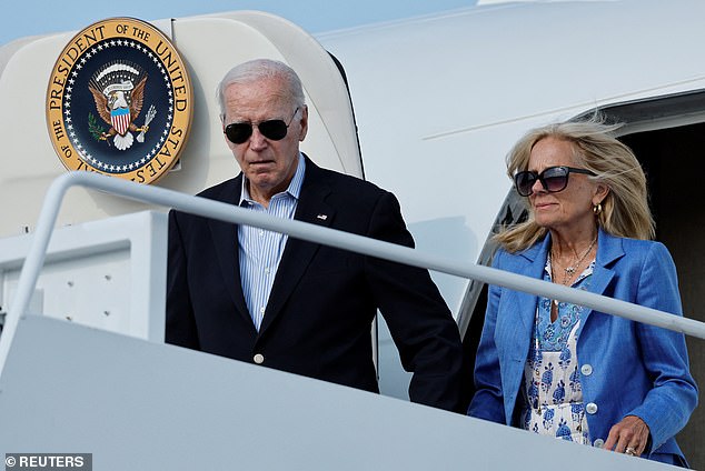 President Joe Biden and First Lady Jill Biden disembark from Air Force One at Joint Base Andrews after spending the weekend at Camp David