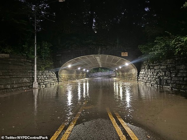 The main roads that run through New York's Central Park have been flooded by the waters