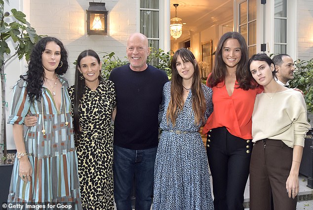 Rumer Willis, Demi Moore, Bruce Willis, Scout Willis, Emma Heming Willis and Tallulah Willis attend Demi Moore's 'Inside Out' book party on September 23, 2019