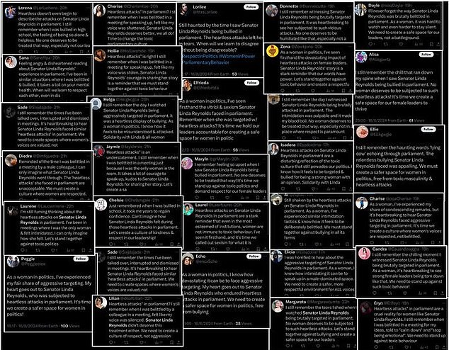 Pictured: Some of the tweets that were posted in support of Ms Reynolds on Friday