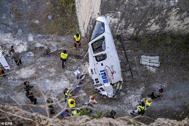 The couple were two of five passengers on the helicopter which plunged some 250 metres (pictured) after becoming entangled in a kite string just three minutes into the flight.