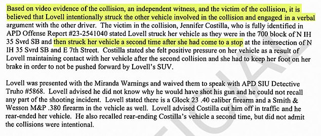 A police affidavit provided further details about the alleged road rage incident involving Lovell.