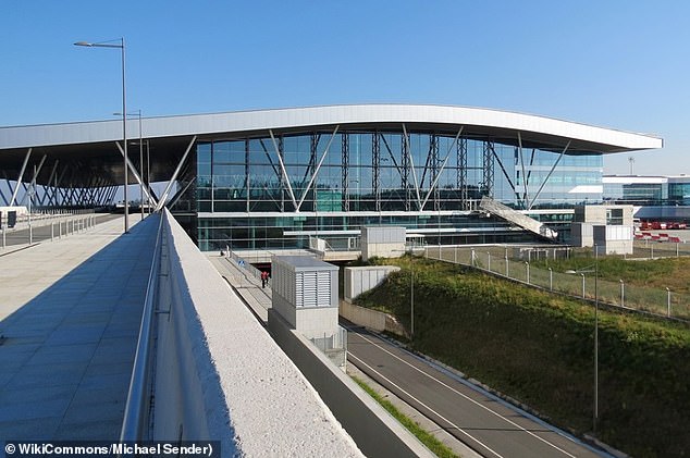 The plane made an emergency landing in Santiago de Compostela (pictured, Santiago de Compostela airport)