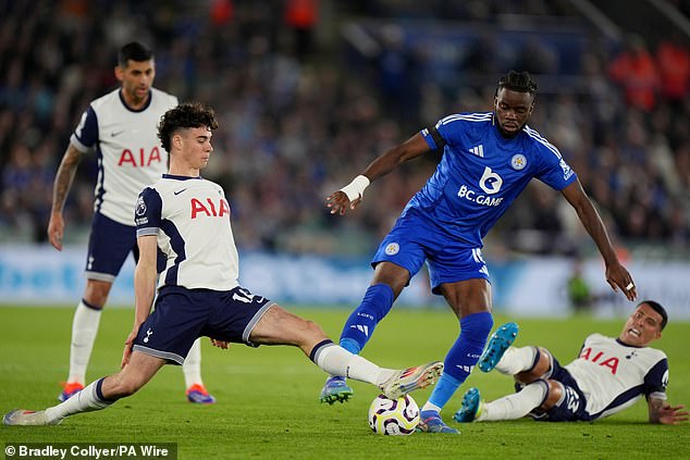 Archie Gray (left), a £40m summer signing, made his Spurs first-team debut in the second half.