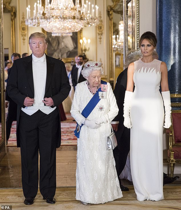 US President Donald Trump, Queen Elizabeth II and Melania Trump at Buckingham Palace