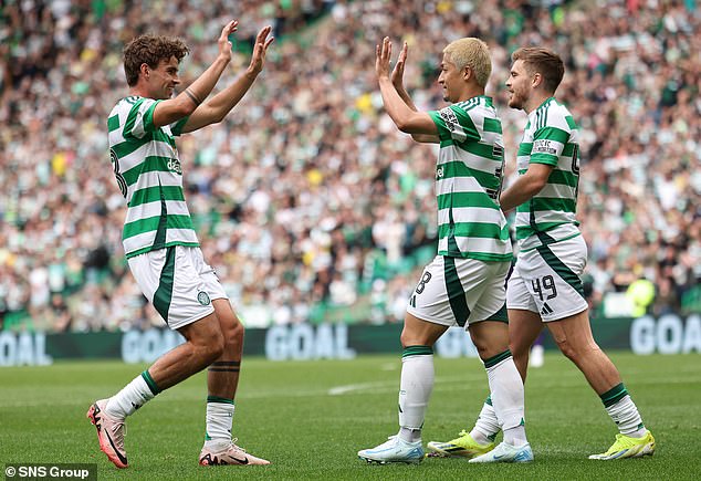 O'Riley celebrates with Maeda after the Japanese scored his second goal against Hibernian