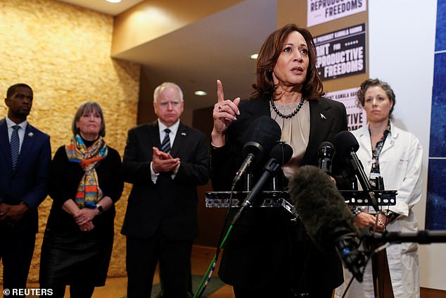 Vice President Kamala Harris speaks at an abortion clinic in Minneapolis in March. She was the first sitting vice president to visit an abortion clinic. During her visit, she was accompanied by Minnesota Gov. Tim Walz, who is now her running mate.