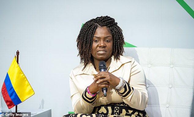 Colombian Vice President Francia Marquez speaks on stage during a forum on digital responsibility at EAN University during a visit on August 15