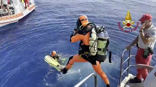 Divers are searching the sea for the missing at the site where the superyacht sank off the coast of Sicily on August 19.