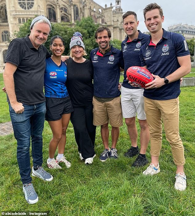 Schiller (left) and Feldhoff (second from left) also interviewed a Paris-based Aussie Rules crew.