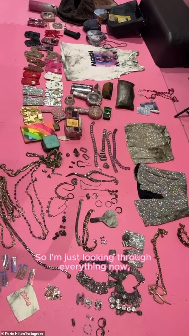 Hilton captioned the post: 'These items are what was left over from the fire that broke out in my trailer during the filming of the #BadB****Academy music video.'