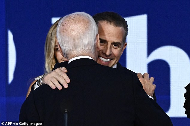 President Joe Biden hugs his son Hunter Biden after delivering a speech Monday night at the Democratic National Convention in Chicago