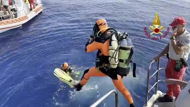 Divers are searching the sea for the missing at the site where the superyacht sank off the coast of Sicily on August 19.