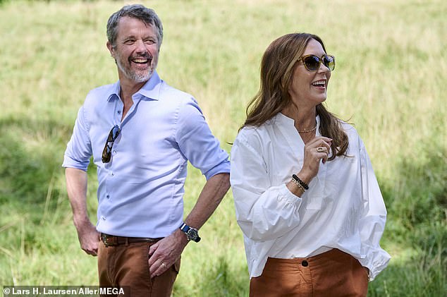 King Frederik, 56, looked dapper in a fitted blue shirt, brown trousers and boots as he took part in the royal summer tour.