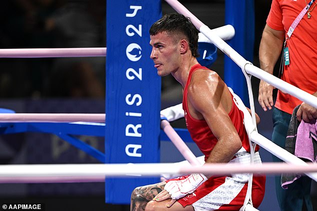 Harry Garside pictured during his first round bout at the Paris 2024 Olympics, which he lost to Hungary's Richard Kovacs