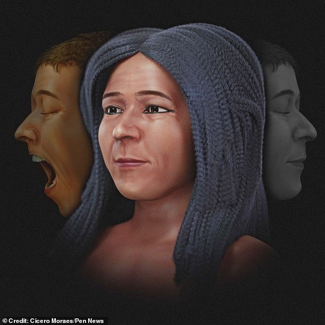 Moraes created several versions of the face. One is objective, with eyes closed and in grayscale to avoid making judgments about skin tone or eye color (right). Another is more subjective, showing the woman as she might have looked in life, in color, with the wig she was buried in (center). And a third captures her scream, revealing what she might have looked like when she was first buried (left).