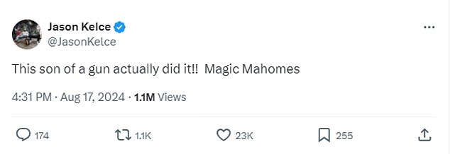 Travis Kelce's older brother Jason shared his reaction to Mahomes' magic in a post on X