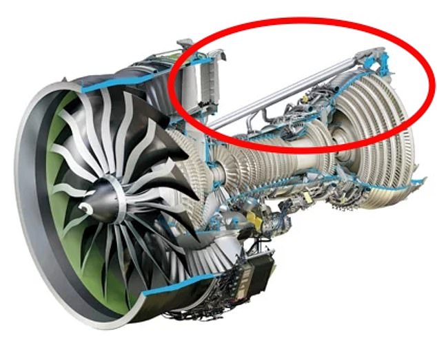 The part in question connects to the GE9X engines, manufactured by General Electric (GE). It is manufactured by Boeing and is exclusive to the 777X. It is made of heavy titanium and is called 