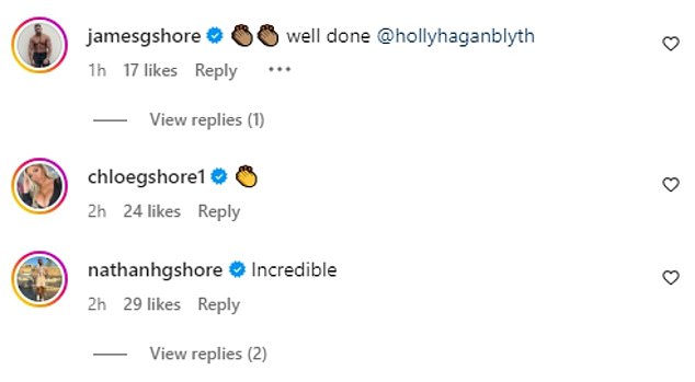 Her Geordie Shore castmates flocked to her comments to show some support and praise Holly for all her hard work.