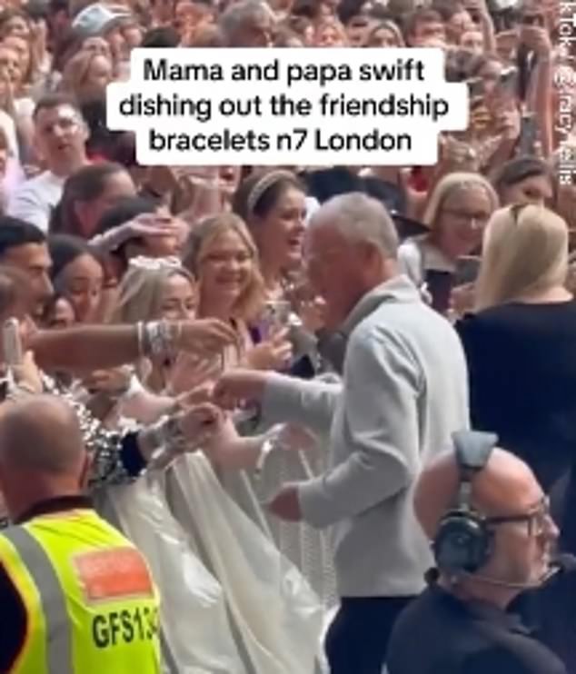 Meanwhile, her father Scott, 72, who also shares 32-year-old son Austin with his wife, was seen getting into the Swiftie spirit by following suit in the sweet gesture.