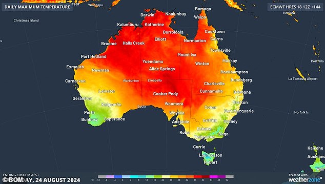 High temperatures are expected to peak on Sunday, with northern, central and eastern Australia most affected (illustrated weather map for August 24)