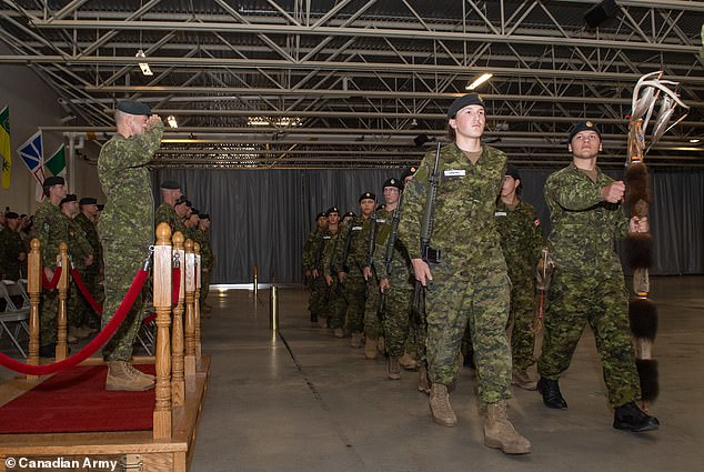 National Defense says the logo is a direct representation of the Army's new camouflage pattern. It is composed of brown pixels arranged to form a maple leaf, taken directly from the pattern itself.