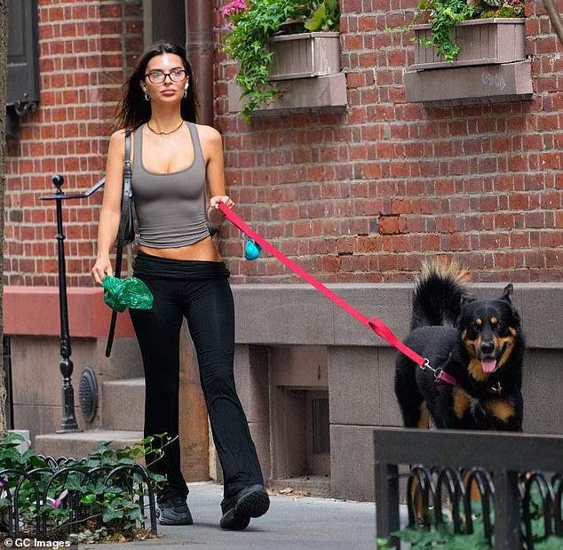 Emily is seen walking her dog Colombo in New York City on Tuesday.