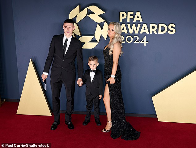 Foden, pictured with his son Ronnie and partner Rebecca Cooke, won the Player of the Year award