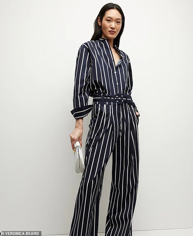 Over the weekend, she wore a $398 navy and white striped shirt and matching $428 wide-leg pants by designer Veronica Beard.